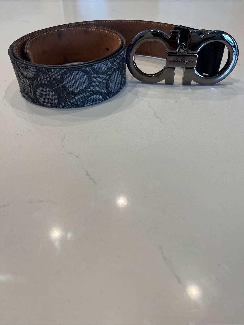 Salvatore Ferragamo Gray Logo Canvas Belt with Silver Gancini Buckle